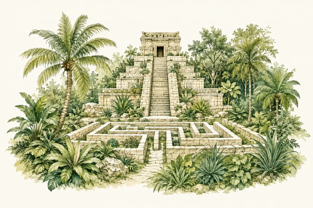An ancient stepped temple surrounded by palms and stone paths