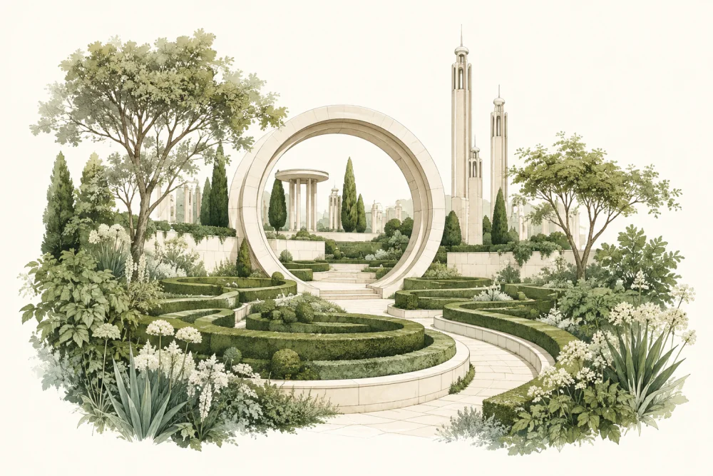 A future garden with a circular gateway and sculptural towers