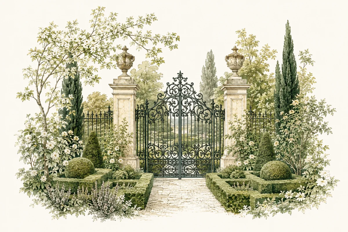 An ornate garden gate framed by stone pillars, leafy trees, and clipped hedges